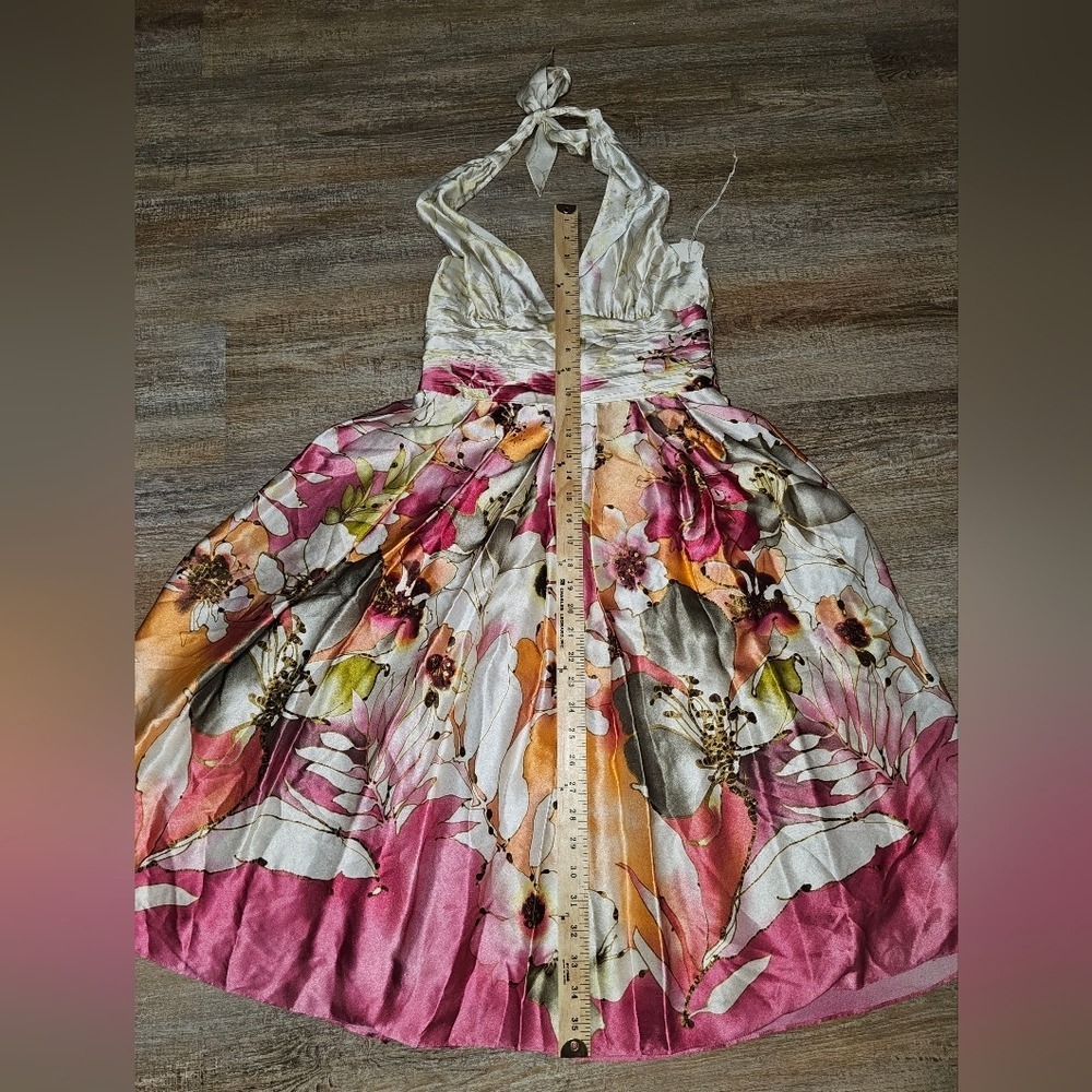 Adrianna Papell Silk Occasions Floral Halter Midi Dress Pink Orange White M - Picture 10 of 12